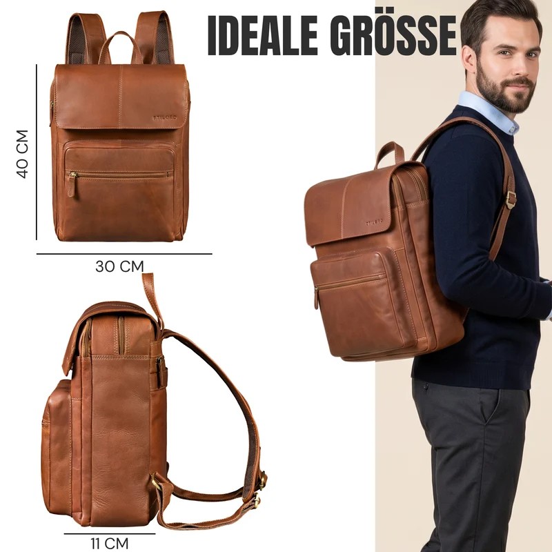 "Sangro" Rucksack Herren Leder Laptoprucksack 15,6-16 Zoll mit 2 Laptopfächern