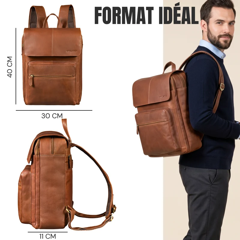 "Sangro" Rucksack Herren Leder Laptoprucksack 15,6-16 Zoll mit 2 Laptopfächern