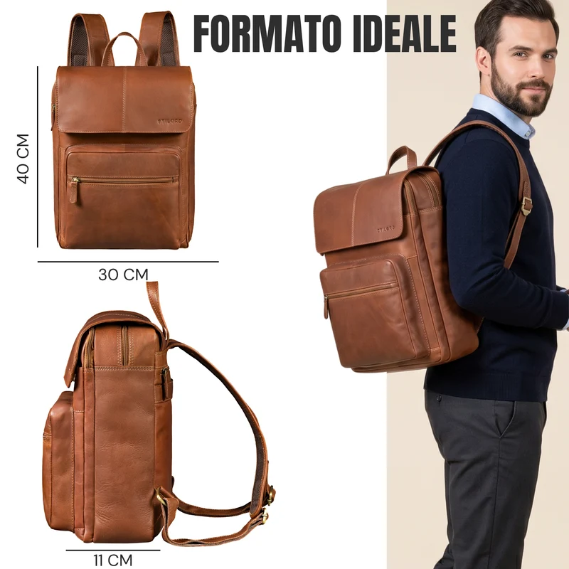 "Sangro" Rucksack Herren Leder Laptoprucksack 15,6-16 Zoll mit 2 Laptopfächern