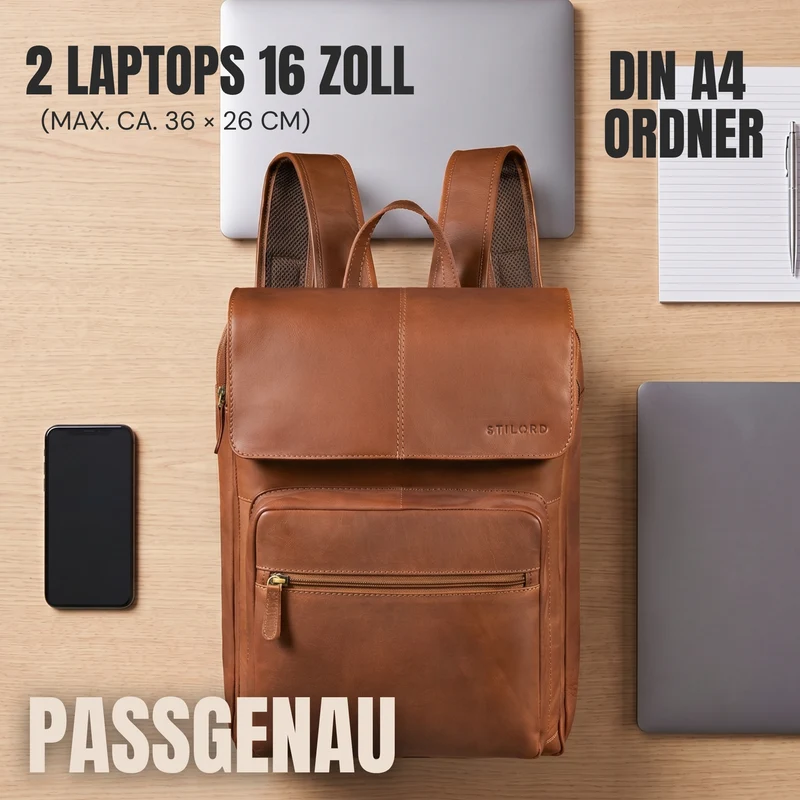 "Sangro" Rucksack Herren Leder Laptoprucksack 15,6-16 Zoll mit 2 Laptopfächern