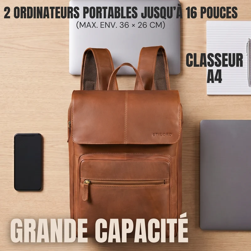 "Sangro" Rucksack Herren Leder Laptoprucksack 15,6-16 Zoll mit 2 Laptopfächern