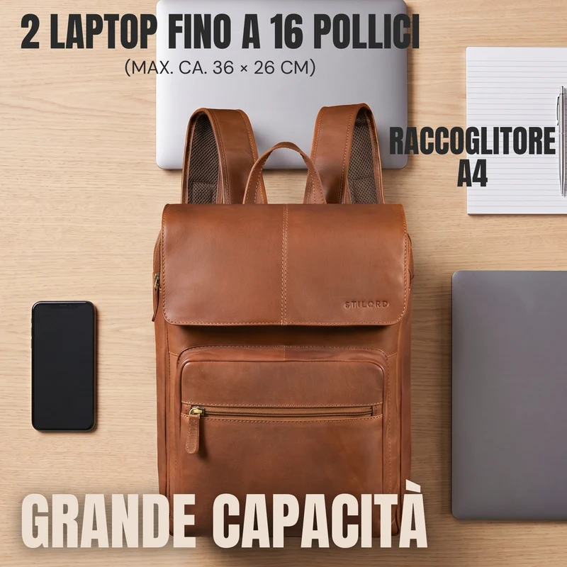 "Sangro" Rucksack Herren Leder Laptoprucksack 15,6-16 Zoll mit 2 Laptopfächern