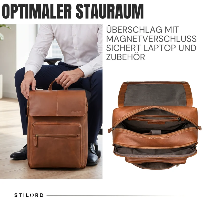 "Sangro" Rucksack Herren Leder Laptoprucksack 15,6-16 Zoll mit 2 Laptopfächern