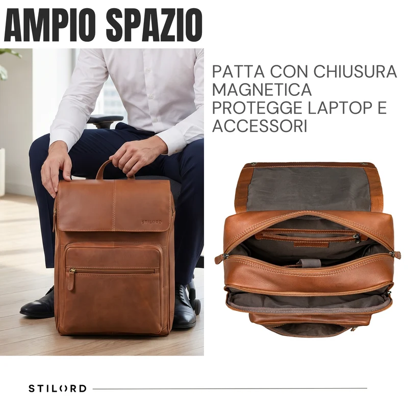 "Sangro" Rucksack Herren Leder Laptoprucksack 15,6-16 Zoll mit 2 Laptopfächern