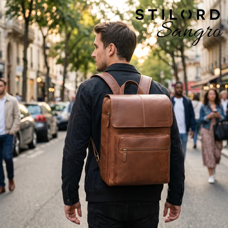 "Sangro" Rucksack Herren Leder Laptoprucksack 15,6-16 Zoll mit 2 Laptopfächern