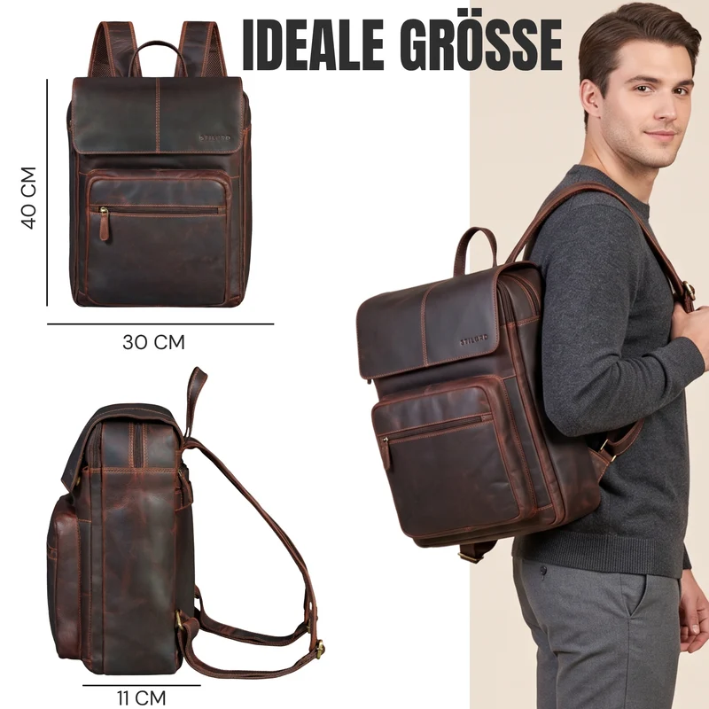 "Sangro" Rucksack Herren Leder Laptoprucksack 15,6-16 Zoll mit 2 Laptopfächern