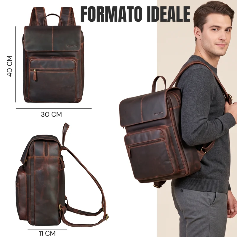 "Sangro" Rucksack Herren Leder Laptoprucksack 15,6-16 Zoll mit 2 Laptopfächern