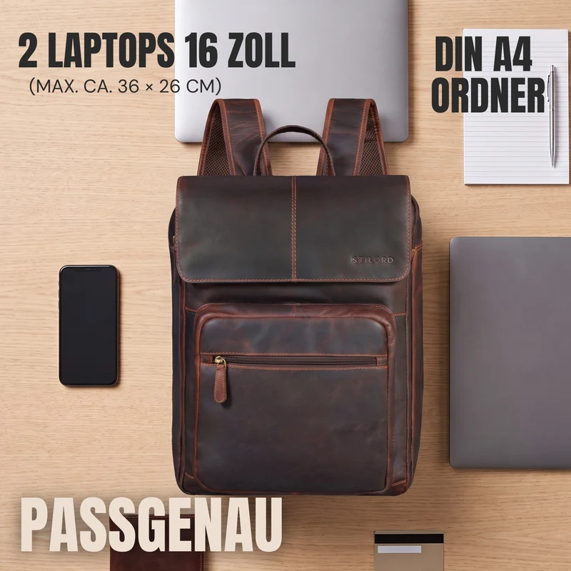"Sangro" Rucksack Herren Leder Laptoprucksack 15,6-16 Zoll mit 2 Laptopfächern