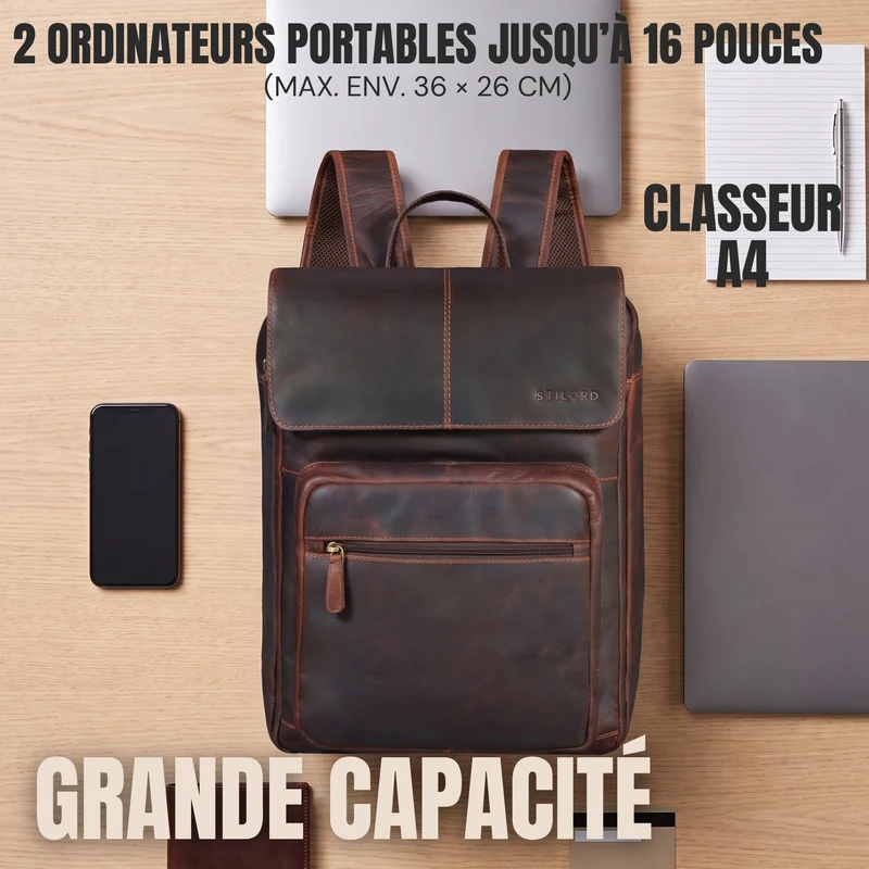 "Sangro" Rucksack Herren Leder Laptoprucksack 15,6-16 Zoll mit 2 Laptopfächern