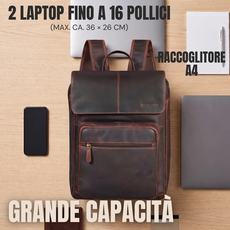 "Sangro" Rucksack Herren Leder Laptoprucksack 15,6-16 Zoll mit 2 Laptopfächern