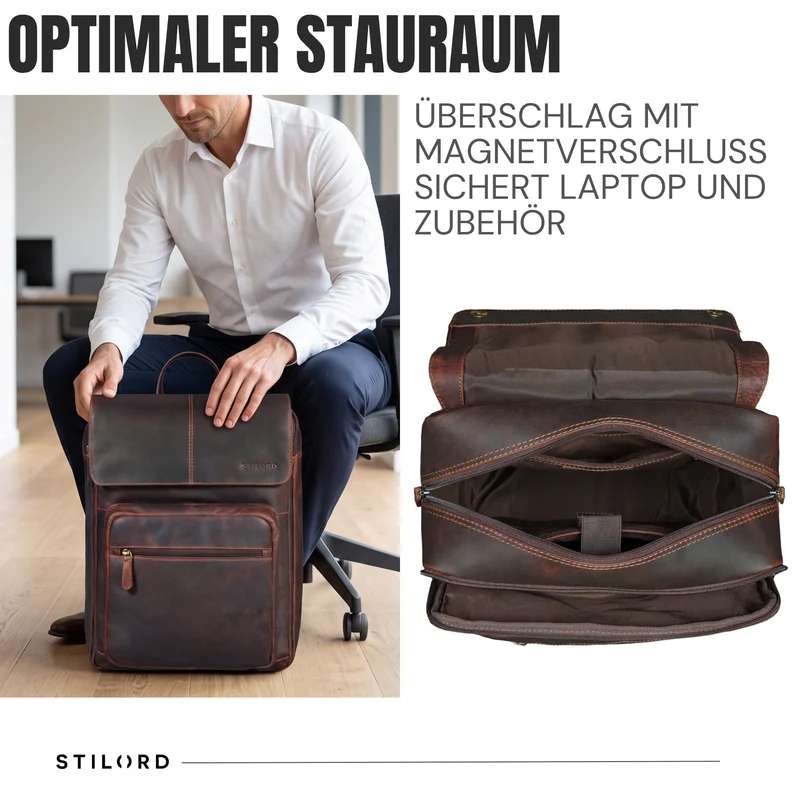 "Sangro" Rucksack Herren Leder Laptoprucksack 15,6-16 Zoll mit 2 Laptopfächern