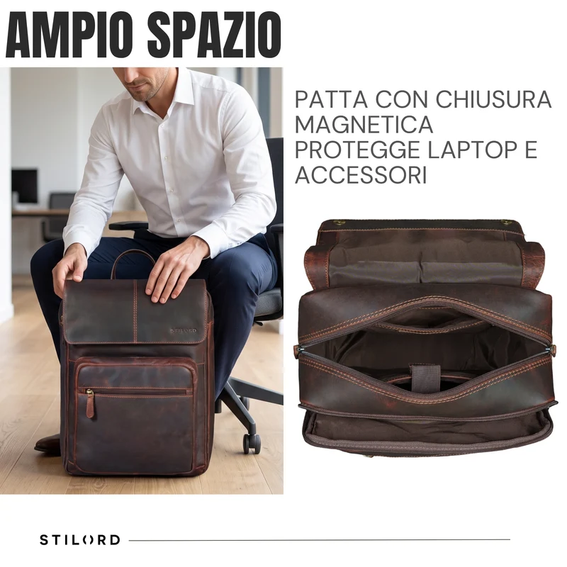 "Sangro" Rucksack Herren Leder Laptoprucksack 15,6-16 Zoll mit 2 Laptopfächern