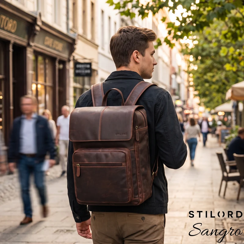 "Sangro" Rucksack Herren Leder Laptoprucksack 15,6-16 Zoll mit 2 Laptopfächern