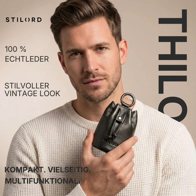 "Thilo" Lederbeutel Klein Herren mit Karabiner & Geschenkbox
