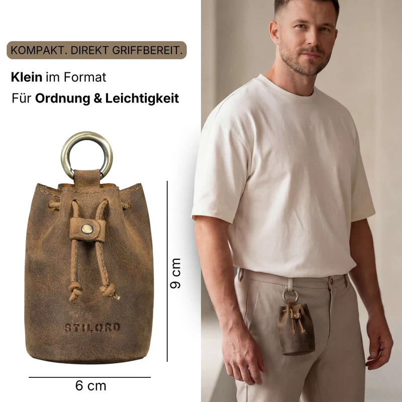 "Thilo" Lederbeutel Klein Herren mit Karabiner & Geschenkbox