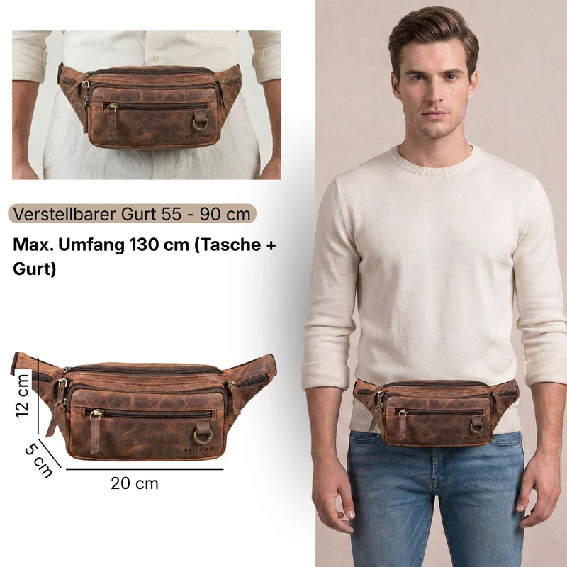 "Robin" Premium Bauchtasche Herren Leder mit 6 Reißverschlussfächern