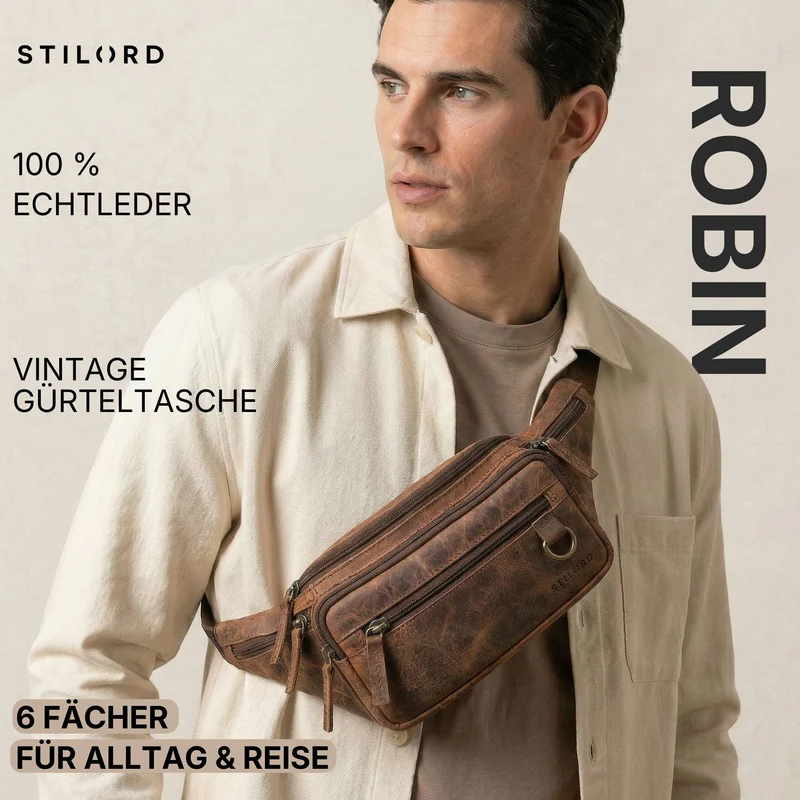 "Robin" Premium Bauchtasche Herren Leder mit 6 Reißverschlussfächern