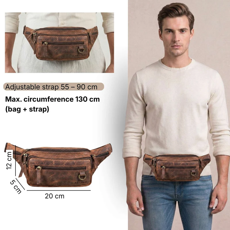 "Robin" Premium Bauchtasche Herren Leder mit 6 Reißverschlussfächern