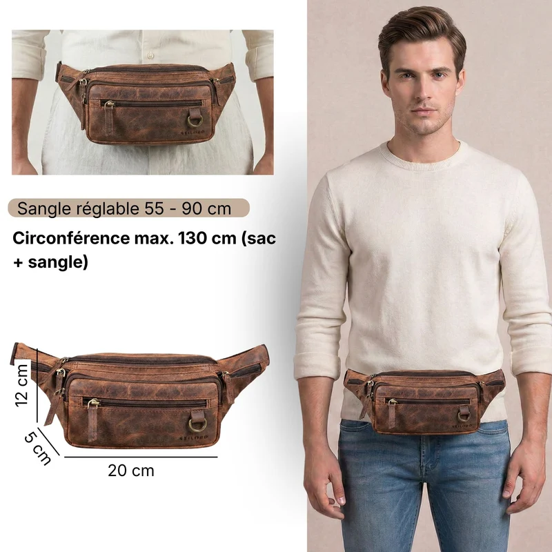 "Robin" Premium Bauchtasche Herren Leder mit 6 Reißverschlussfächern