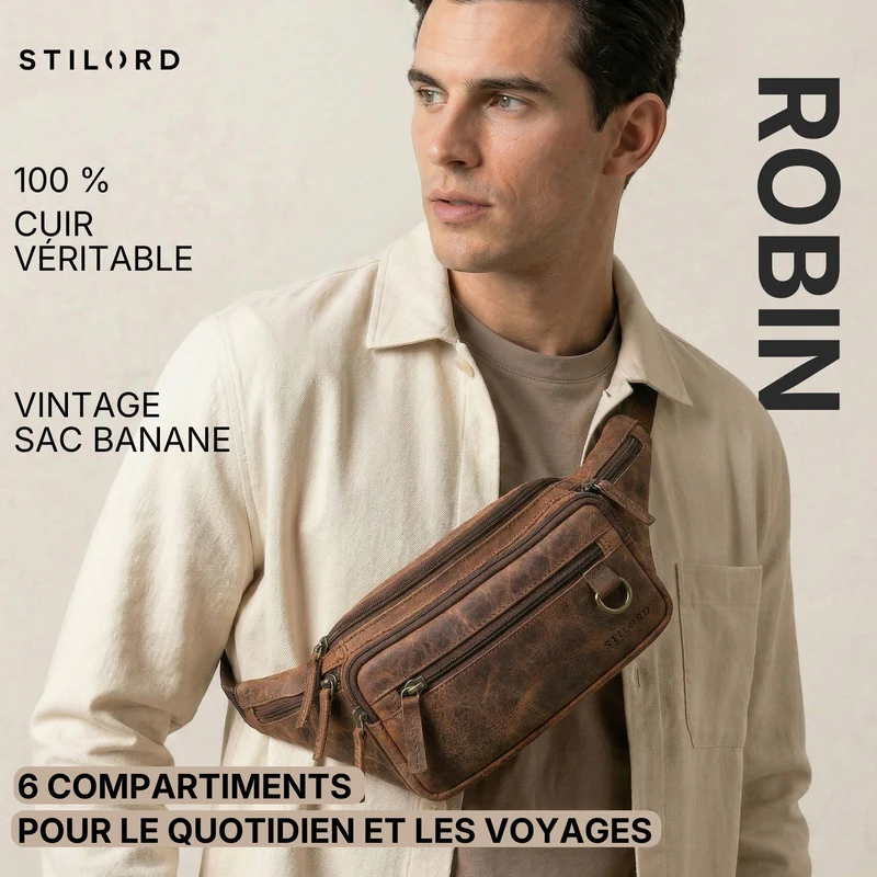 "Robin" Premium Bauchtasche Herren Leder mit 6 Reißverschlussfächern