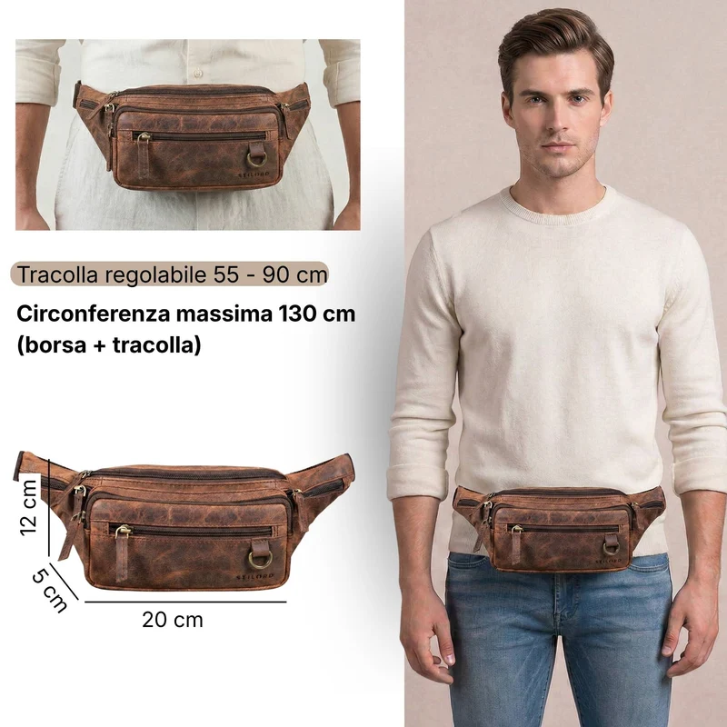 "Robin" Premium Bauchtasche Herren Leder mit 6 Reißverschlussfächern