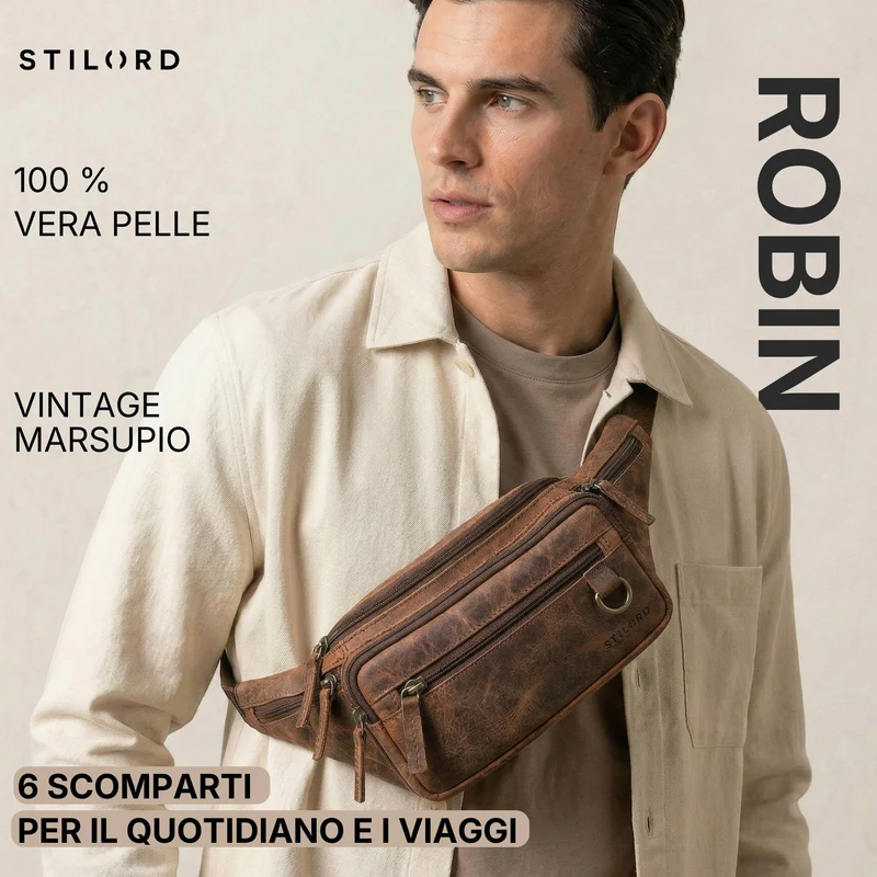 "Robin" Premium Bauchtasche Herren Leder mit 6 Reißverschlussfächern