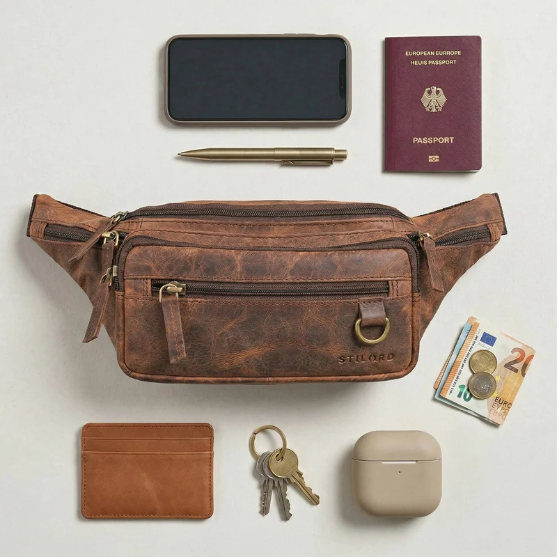 "Robin" Premium Bauchtasche Herren Leder mit 6 Reißverschlussfächern