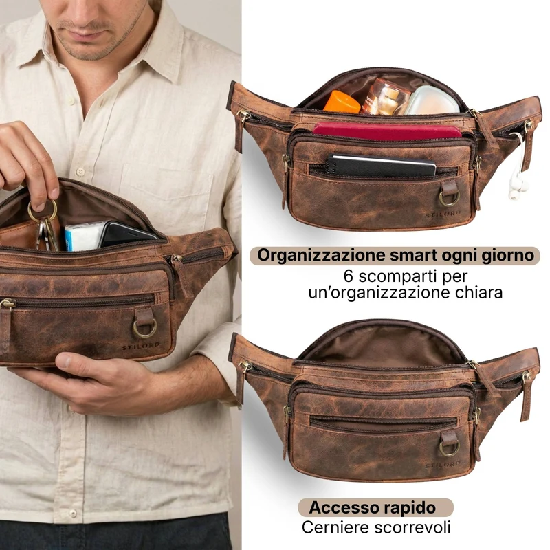 "Robin" Premium Bauchtasche Herren Leder mit 6 Reißverschlussfächern