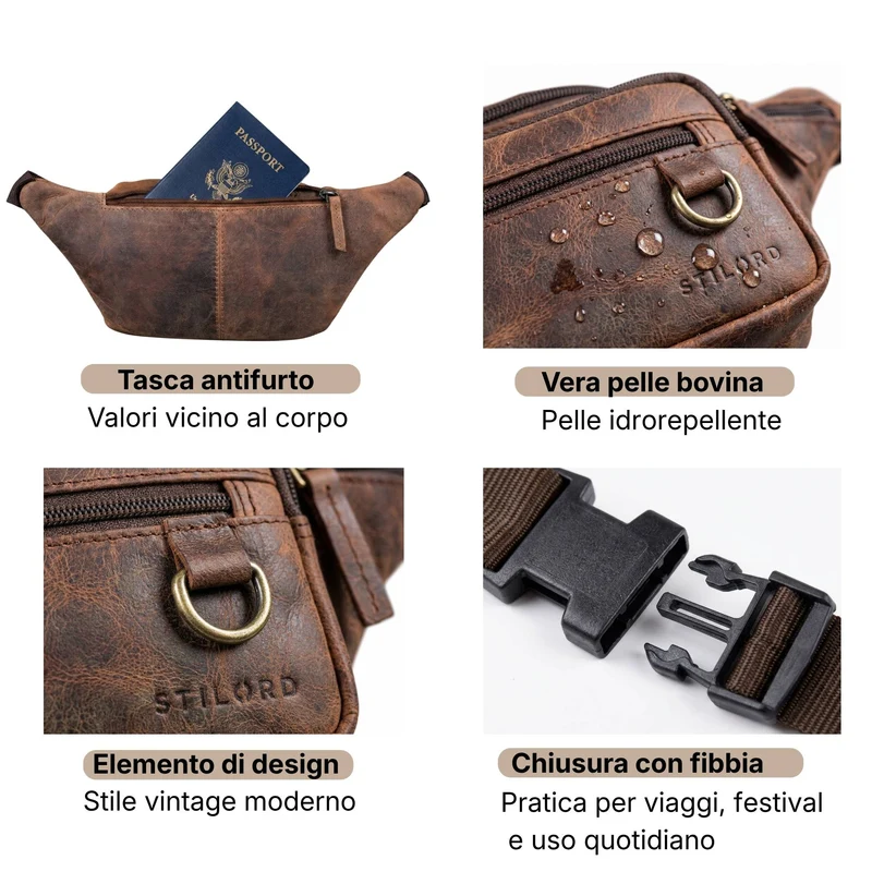 "Robin" Premium Bauchtasche Herren Leder mit 6 Reißverschlussfächern