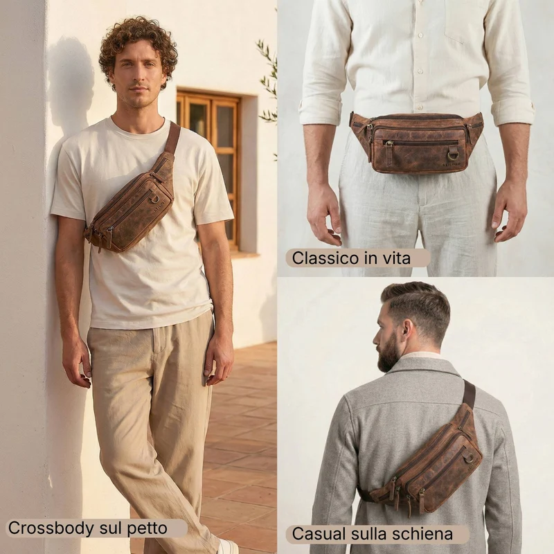 "Robin" Premium Bauchtasche Herren Leder mit 6 Reißverschlussfächern