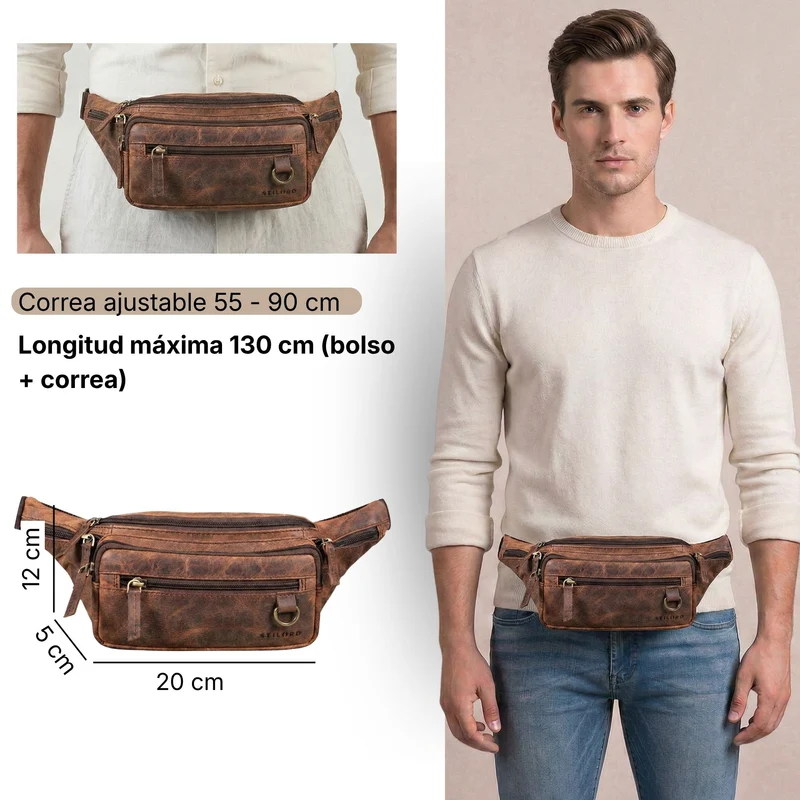 "Robin" Premium Bauchtasche Herren Leder mit 6 Reißverschlussfächern