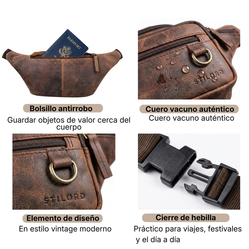 "Robin" Premium Bauchtasche Herren Leder mit 6 Reißverschlussfächern