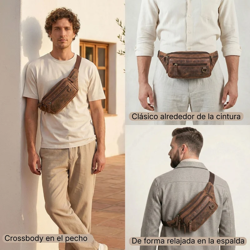 "Robin" Premium Bauchtasche Herren Leder mit 6 Reißverschlussfächern