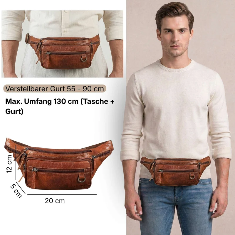 "Robin" Premium Bauchtasche Herren Leder mit 6 Reißverschlussfächern