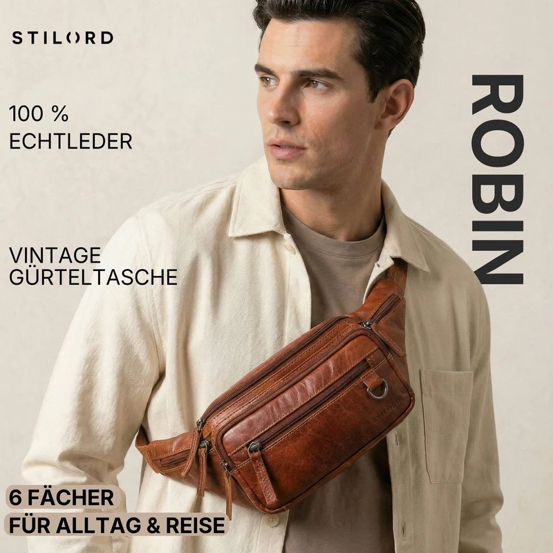 "Robin" Premium Bauchtasche Herren Leder mit 6 Reißverschlussfächern