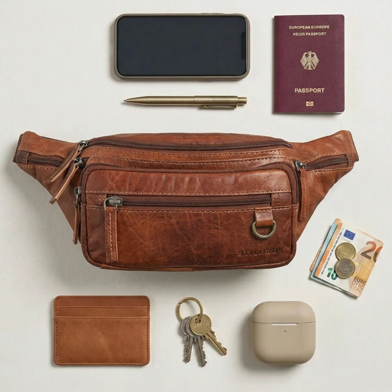"Robin" Premium Bauchtasche Herren Leder mit 6 Reißverschlussfächern