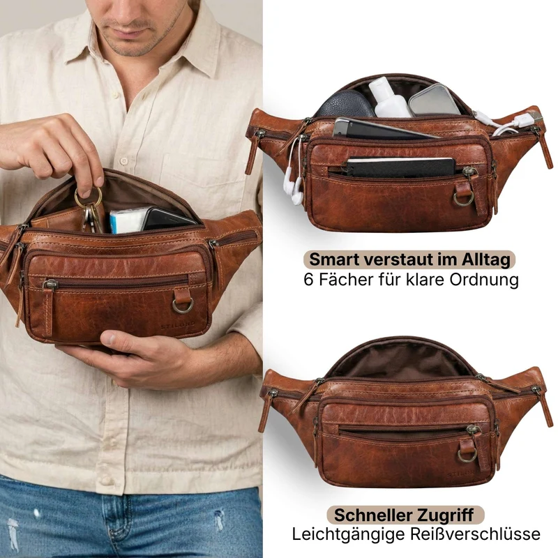 "Robin" Premium Bauchtasche Herren Leder mit 6 Reißverschlussfächern