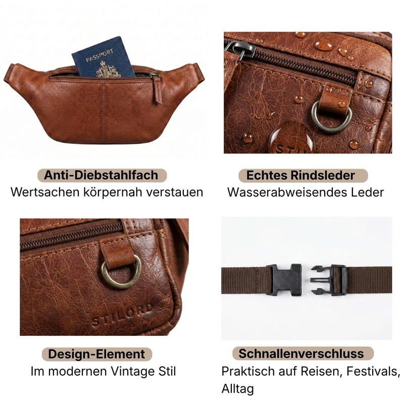 "Robin" Premium Bauchtasche Herren Leder mit 6 Reißverschlussfächern