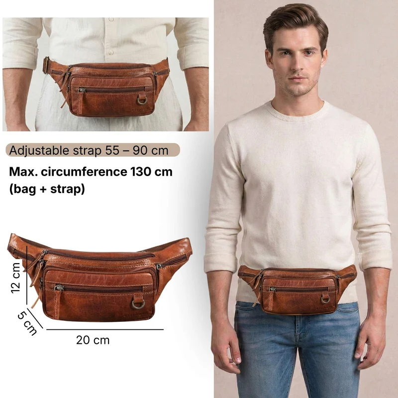 "Robin" Premium Bauchtasche Herren Leder mit 6 Reißverschlussfächern