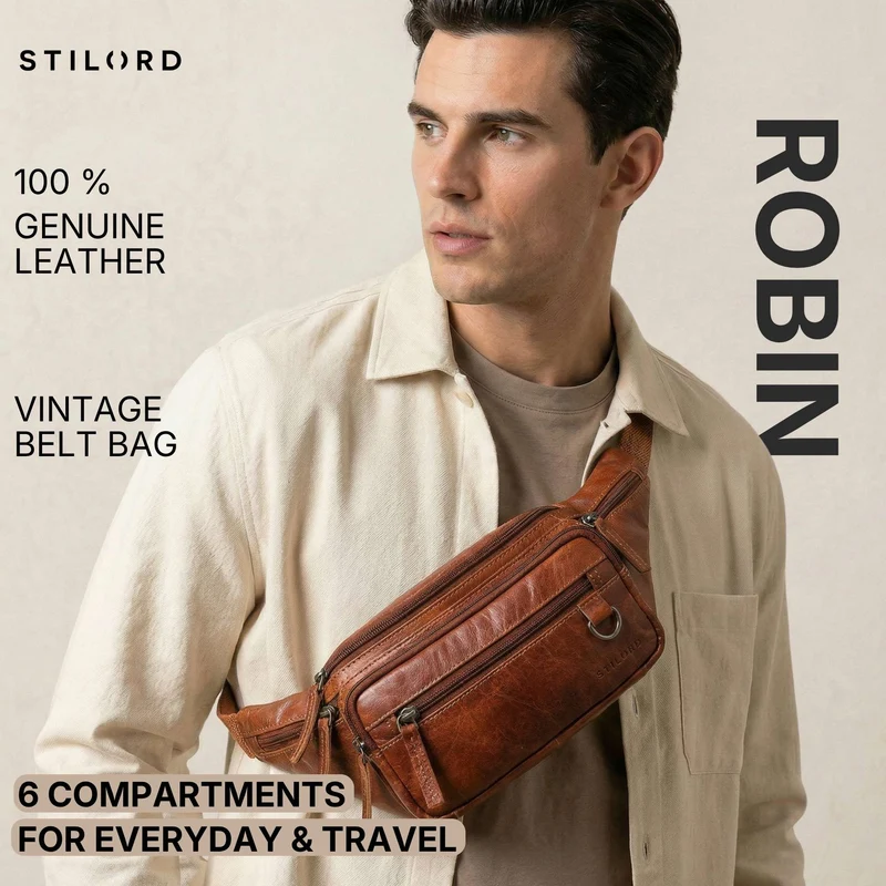 "Robin" Premium Bauchtasche Herren Leder mit 6 Reißverschlussfächern