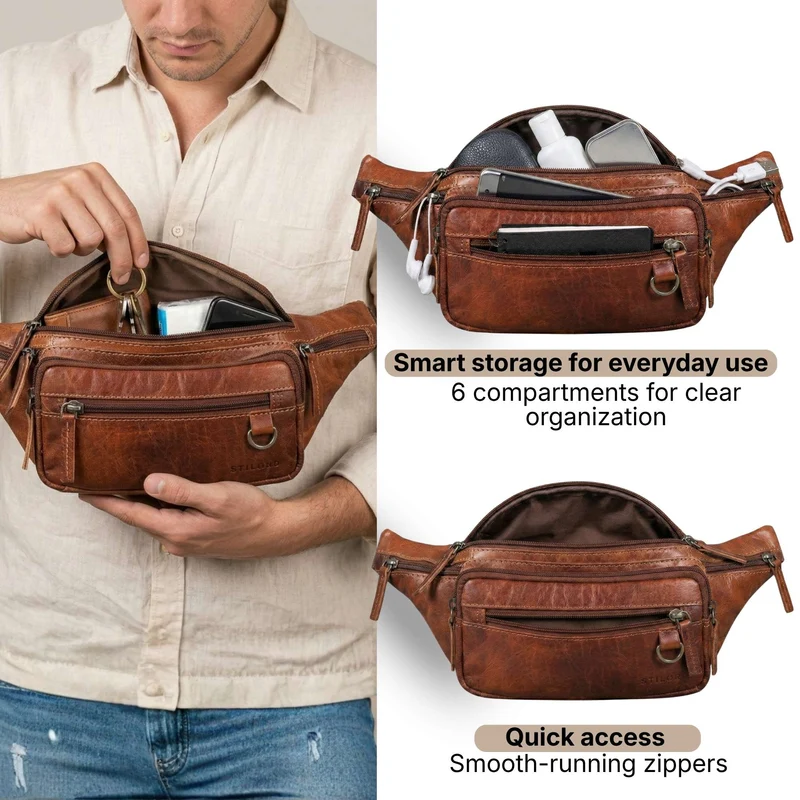 "Robin" Premium Bauchtasche Herren Leder mit 6 Reißverschlussfächern