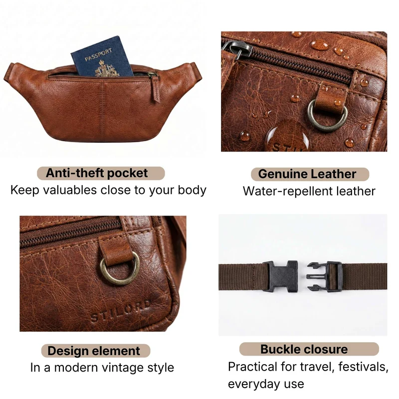 "Robin" Premium Bauchtasche Herren Leder mit 6 Reißverschlussfächern