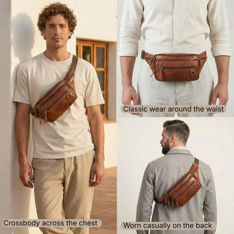 "Robin" Premium Bauchtasche Herren Leder mit 6 Reißverschlussfächern