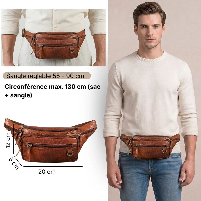 "Robin" Premium Bauchtasche Herren Leder mit 6 Reißverschlussfächern