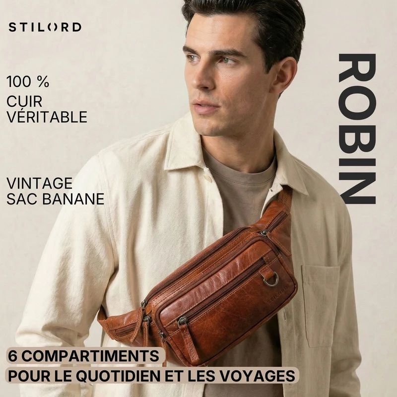"Robin" Premium Bauchtasche Herren Leder mit 6 Reißverschlussfächern