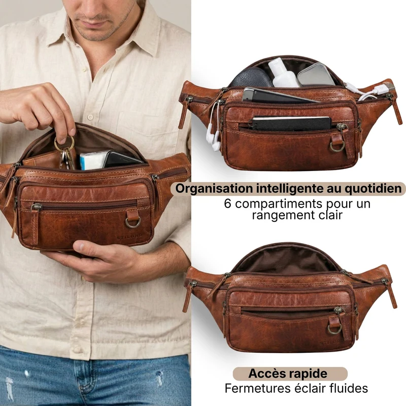 "Robin" Premium Bauchtasche Herren Leder mit 6 Reißverschlussfächern