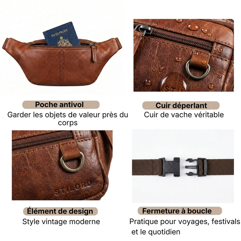 "Robin" Premium Bauchtasche Herren Leder mit 6 Reißverschlussfächern