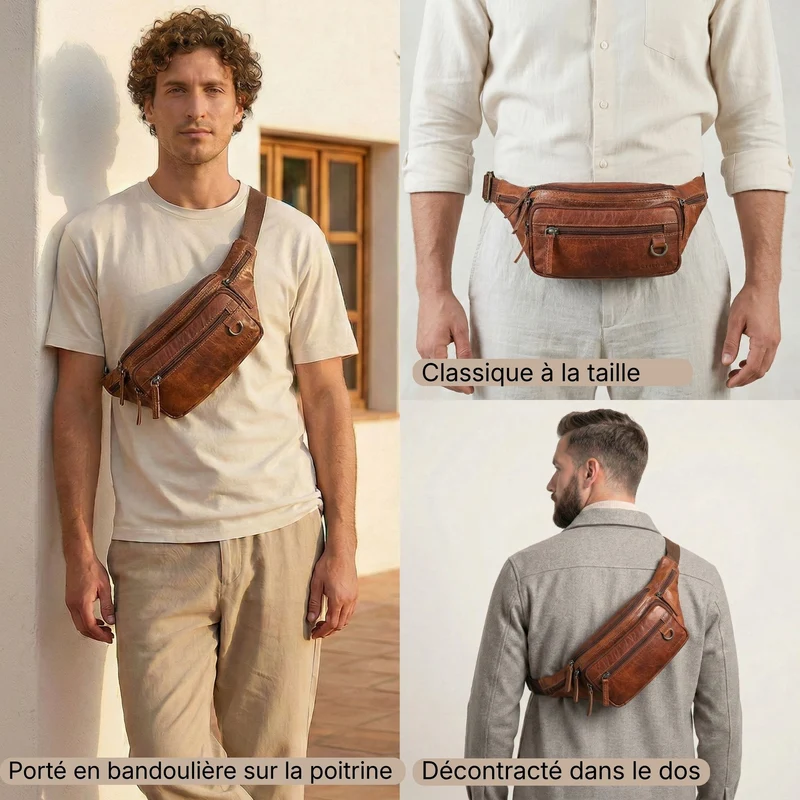 "Robin" Premium Bauchtasche Herren Leder mit 6 Reißverschlussfächern