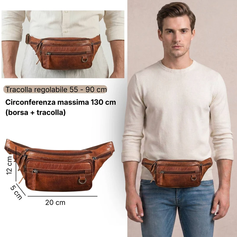 "Robin" Premium Bauchtasche Herren Leder mit 6 Reißverschlussfächern