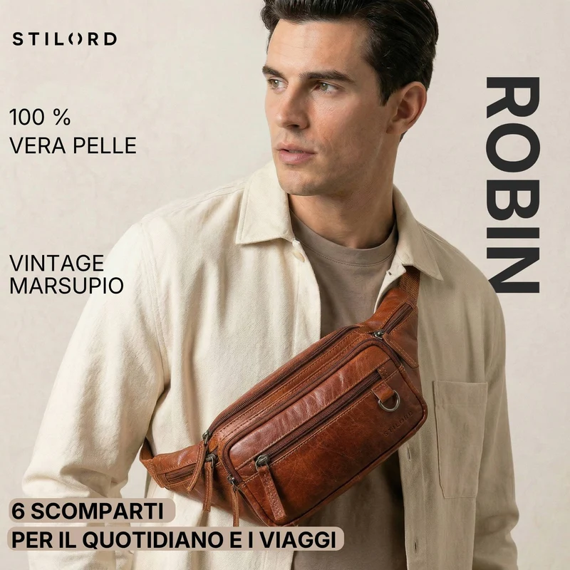 "Robin" Premium Bauchtasche Herren Leder mit 6 Reißverschlussfächern